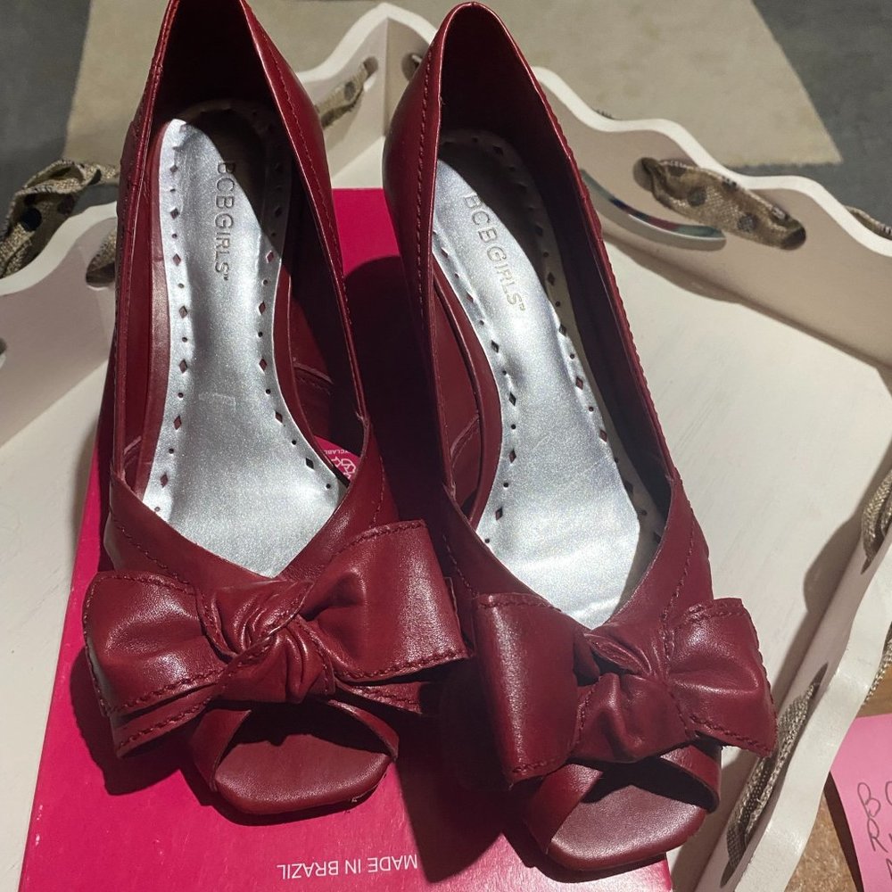 BCBGirls Burgundy Peep-Toe Wedge Heels with Bow